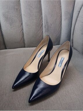 Prada Navy Pointed-Toe Patent Leather Pumps